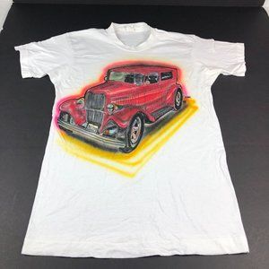 Vintage 1990s Airbrushed Car Men's Small White Colorful Short Sleeve Cotton Tee